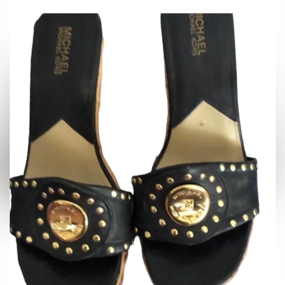 Micheal Kors size 10 black leather with gold studs wicker platform wedge heel